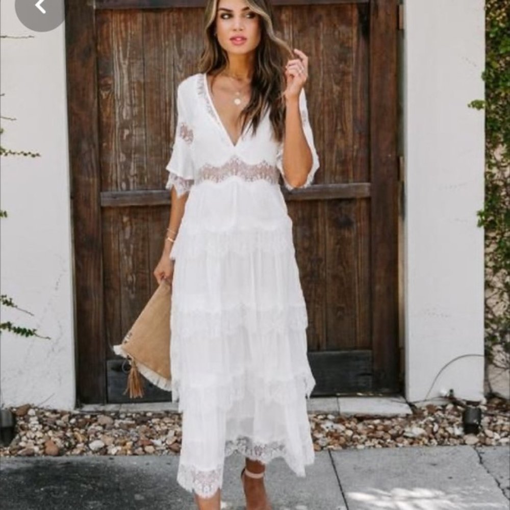 VICI SETTING SUN LACE TIERED MIDI DRESS - WHITE / Bachelorette, Bridal, Wedding